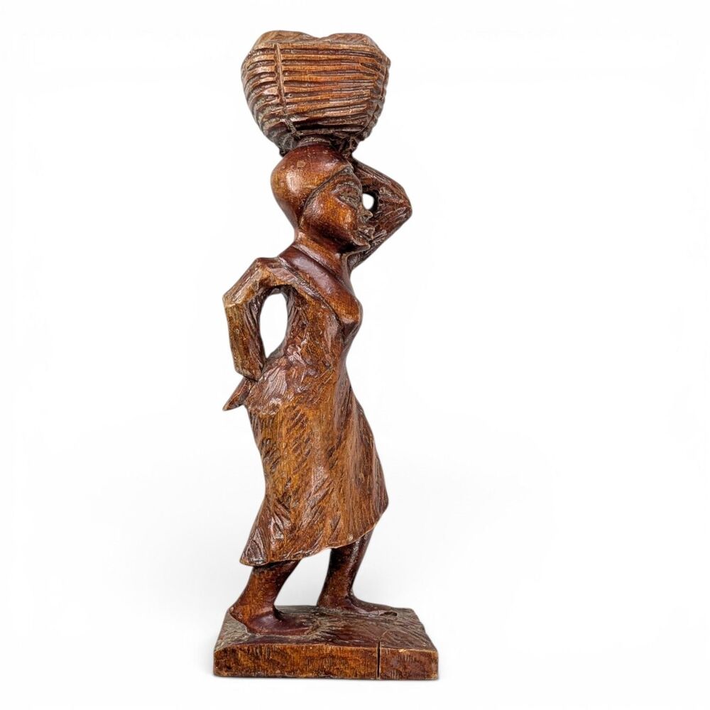 African Folk Art Hand Carved Wood Statue Figurine Woman Headbasket Signed 12.5"